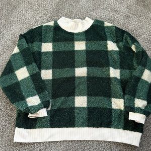 Anthropologie Green and Cream Buffalo Plaid Crewneck Sweater